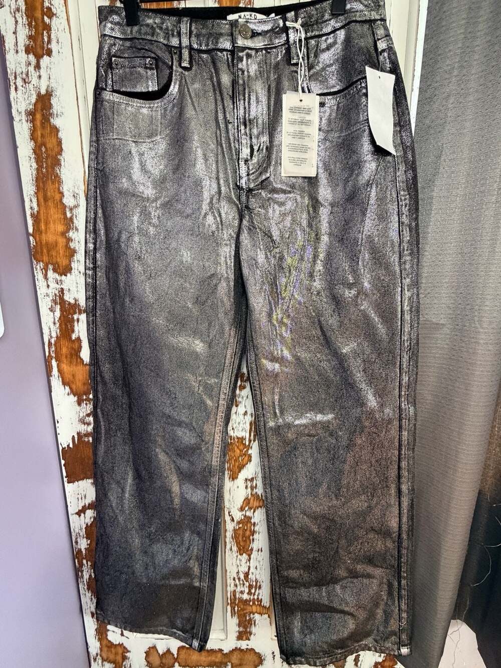 NA-KD Silver Coated Denim Jeans Size EU 38 (US 6) NWT Y2K Edgy Grunge